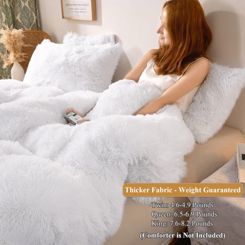 XeGe Plush Shaggy Duvet Cover Set, Luxury Ultra Soft Crystal Velvet Fluffy Bedding Sets 3 Pieces(1 Furry Faux Fur Comforter Cover + 2 Fuzzy Faux Fur Pillowcases), Zipper Closure(Queen, White) - Image 3